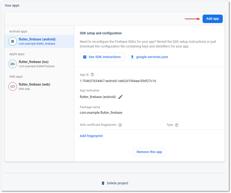 Add new Firebase app step 3: Scroll down to the bottom and click on the button Add app.