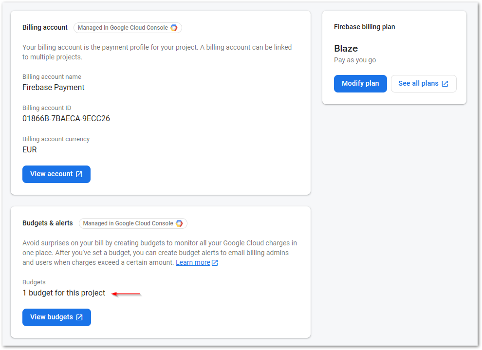Firebase budget alert step 7: Your budget alert was successfully created.