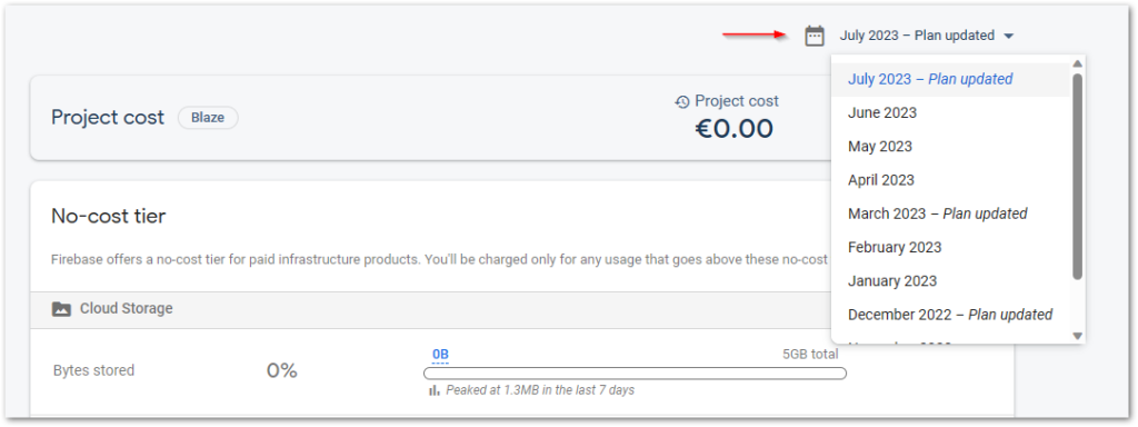 Firebase Expense Monitoring step 4: To view older data use the dropdown menu on the right to select another billing period. However, you can only see the costs and not the used resources of older periods.