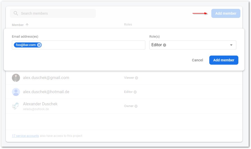 Manage Firebase users step 5: Click on the button Add member, enter an email address, set a role, and click on the second Add member button. The user will receive an email and can join the Firebase project.