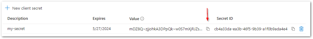 Copy the client secret after creation and store it in a text file