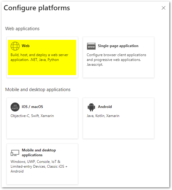 Click on the web platform. Do not choose Singe-page application here!