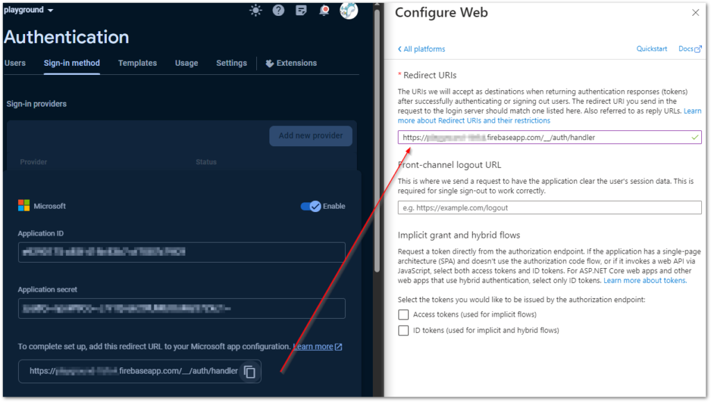 Insert the redirect URL from Firebase and save the configuration
