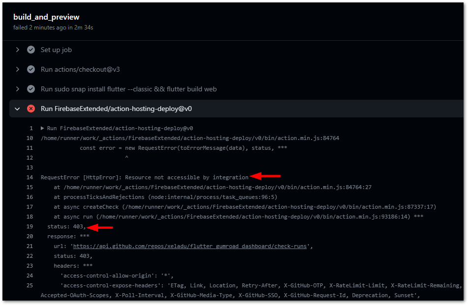 GitHub Action error while deploying to Firebase Hosting. The error status code 403 indicates that the GitHub Action does not have enough permissions to execute the deployment.