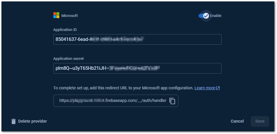 Pass client id and client secret to the authentication provider.
